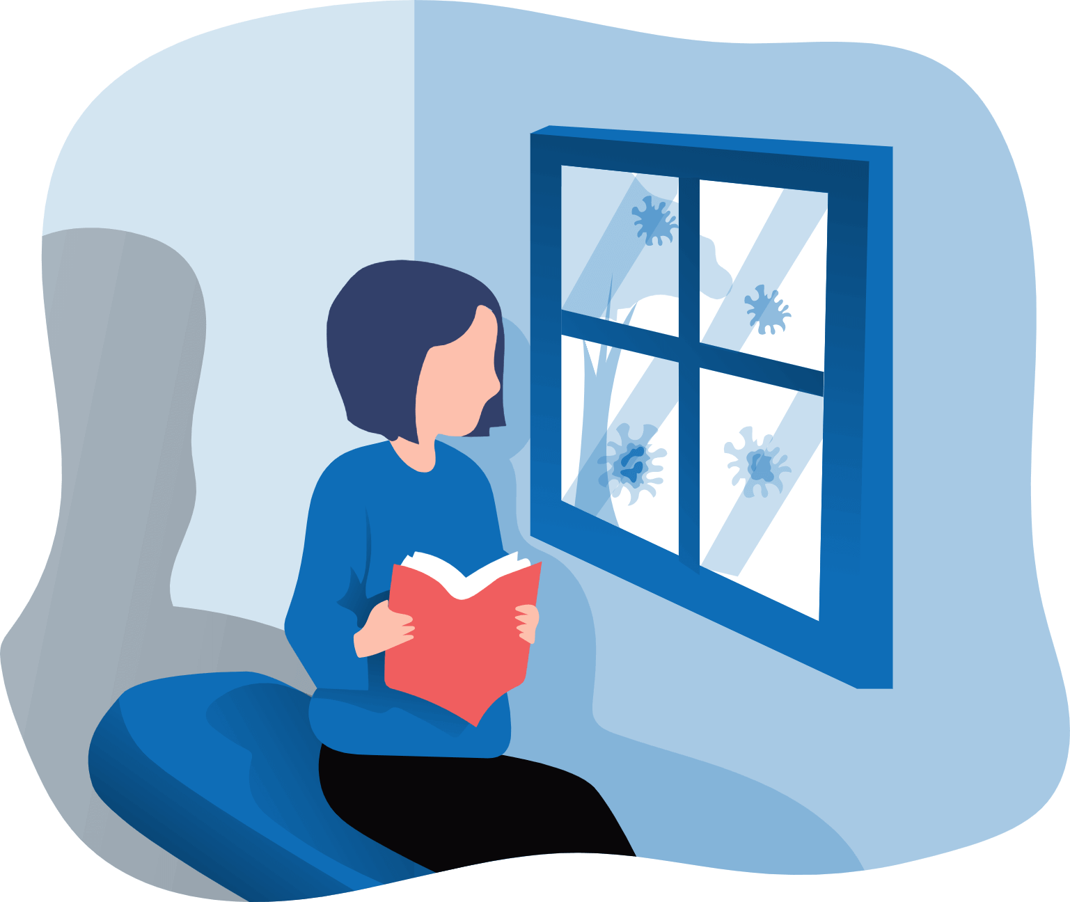 אישה מונפשת קוראת ספר אדום ומביטה מהחלון