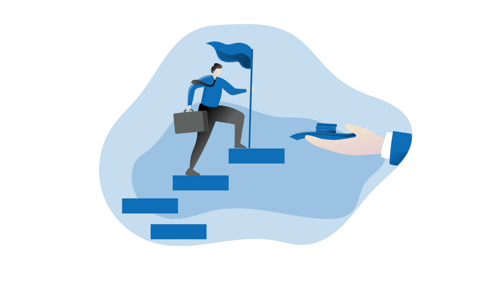 איש עם מזוודה מטפס על מדרגות כחולות ואחוז בדגל כחול